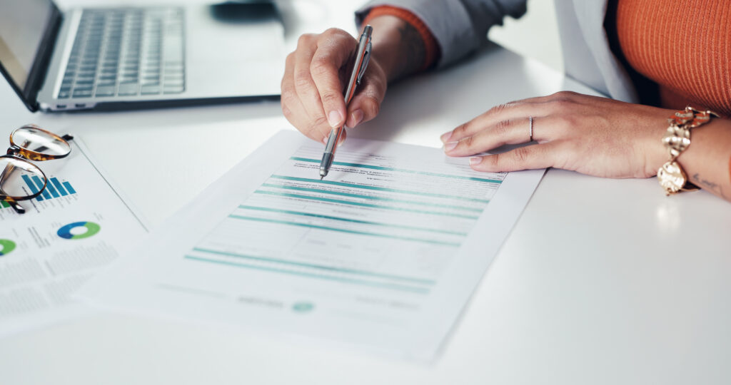 Woman, Hands And Writing With Documents For Business Contract, Survey Or Company Policy In Office. Female Person, Employee Or Reading With Pen Or Paperwork For Application Or Insurance In Workplace