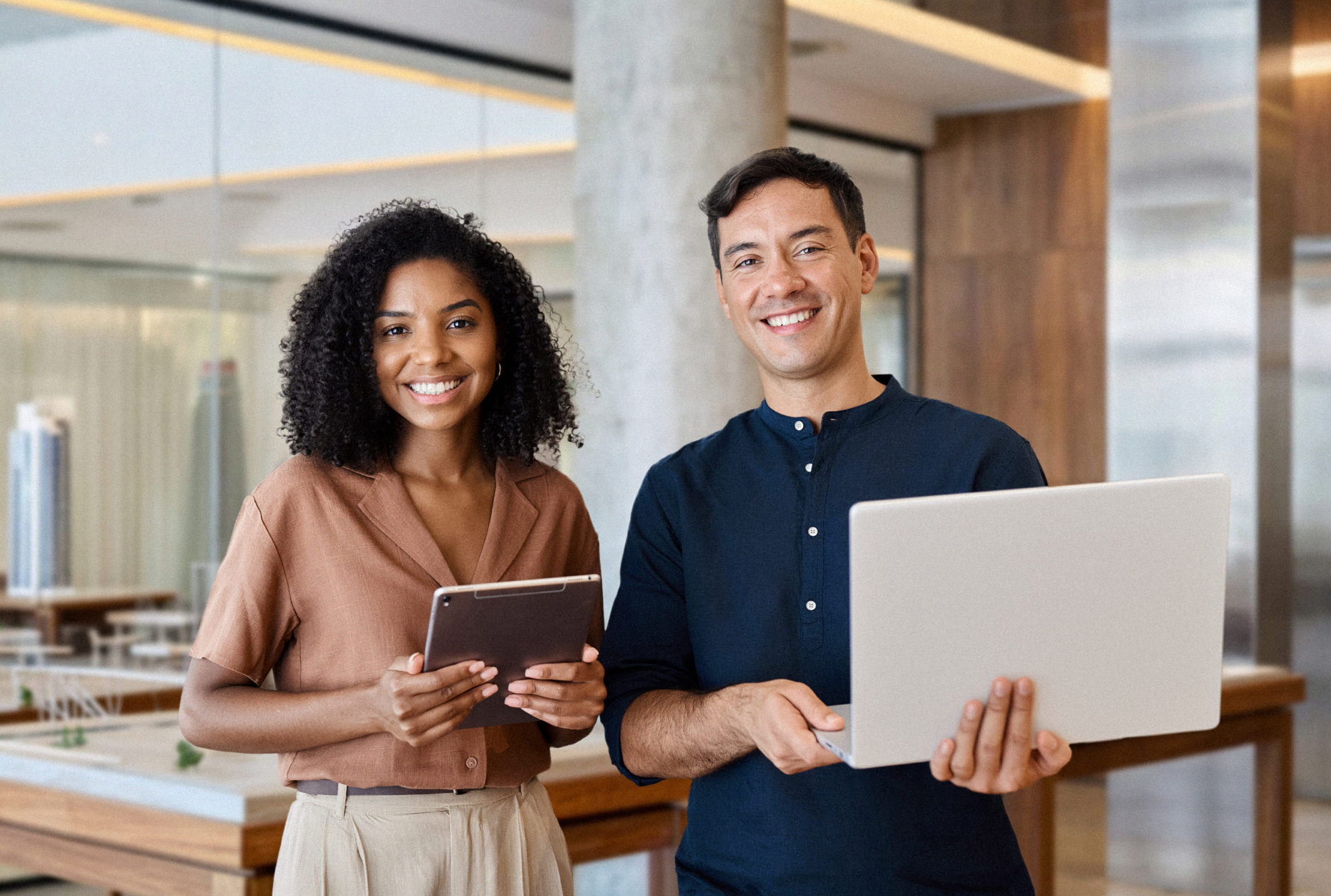 Young Happy Team Of Two Diverse Business Man And Woman In Office, Portrait.